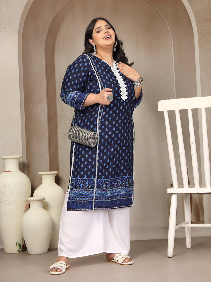 Plus Size Geometric Printed Daily Straight Kurta