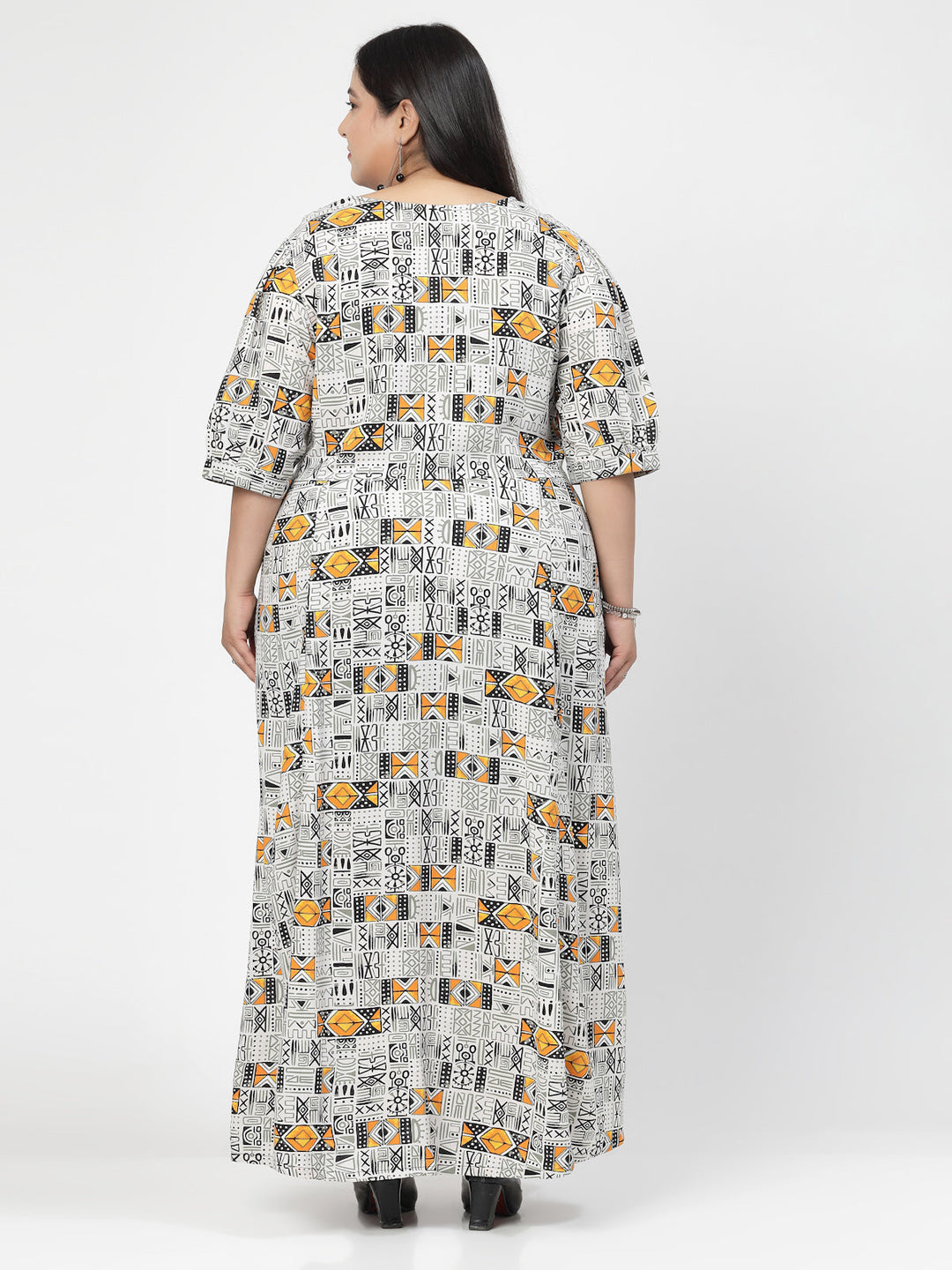 Plus Size V Neck Puff Sleeves Floral Print Maxi  Dress