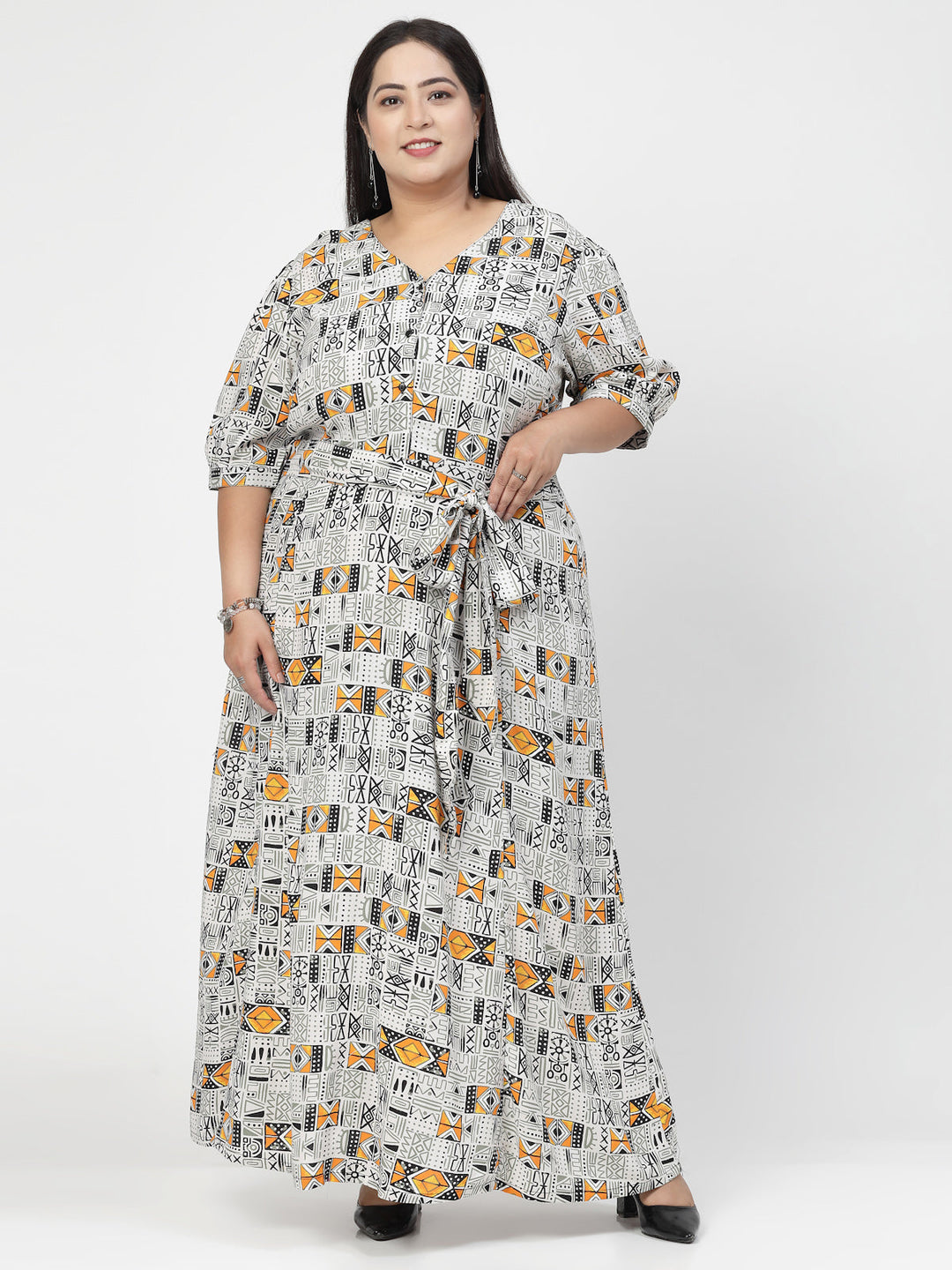 Plus Size V Neck Puff Sleeves Floral Print Maxi  Dress