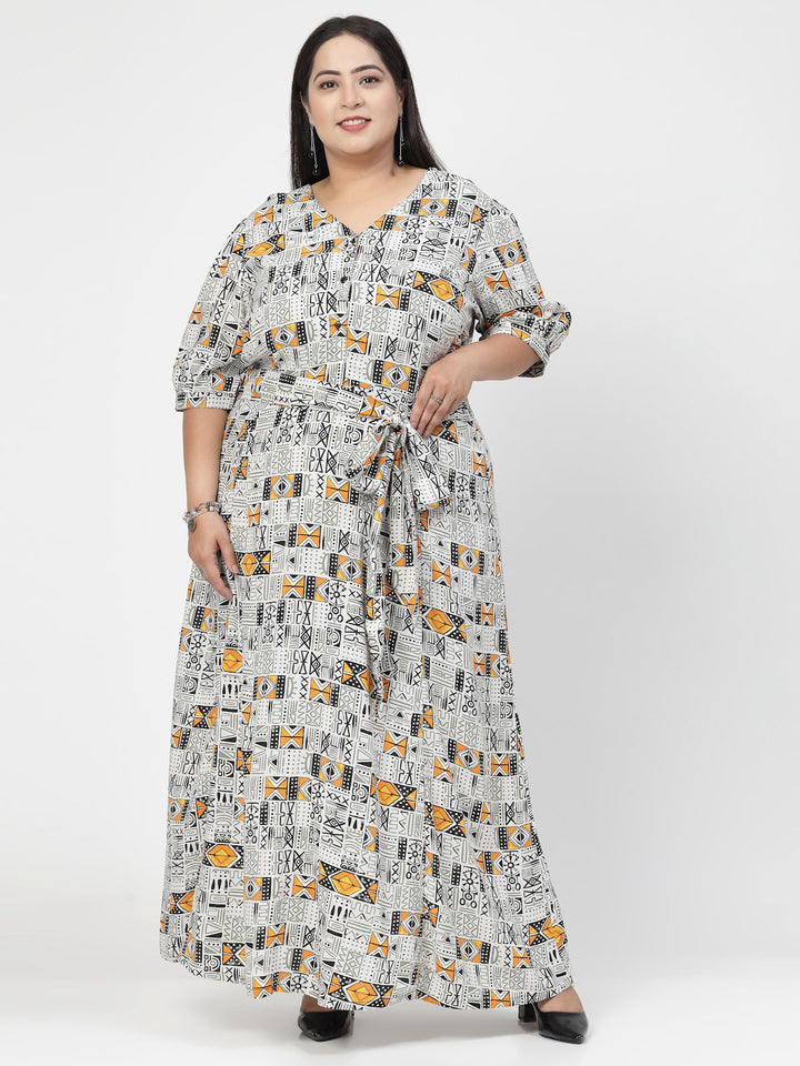 Plus Size V Neck Puff Sleeves Floral Print Maxi  Dress