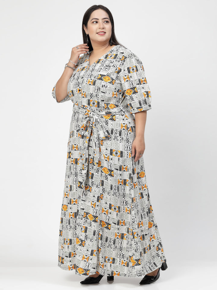 Plus Size V Neck Puff Sleeves Floral Print Maxi  Dress
