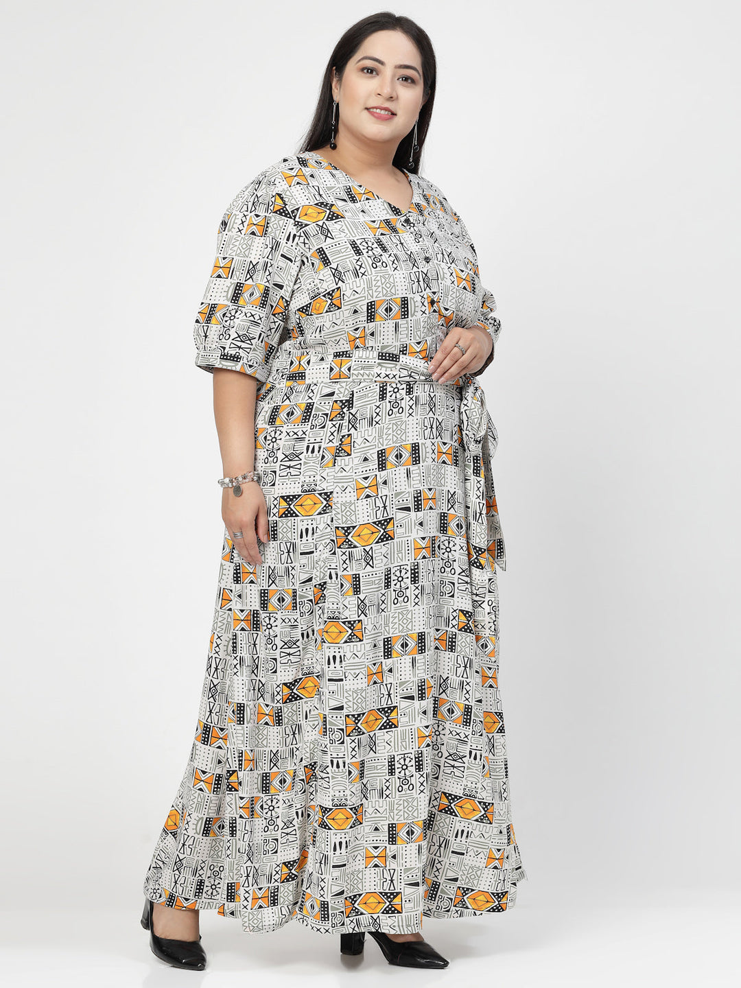 Plus Size V Neck Puff Sleeves Floral Print Maxi  Dress