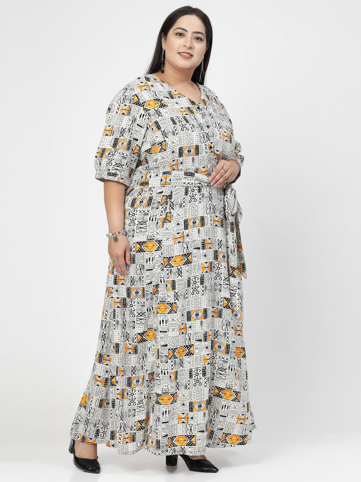Plus Size V Neck Puff Sleeves Floral Print Maxi  Dress