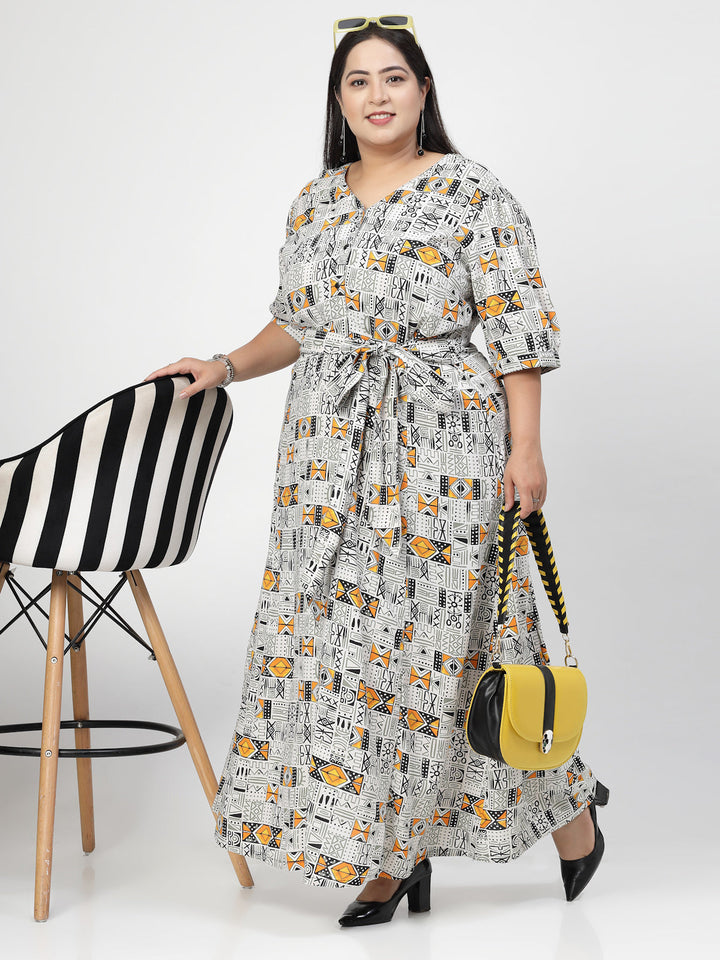 Plus Size V Neck Puff Sleeves Floral Print Maxi  Dress