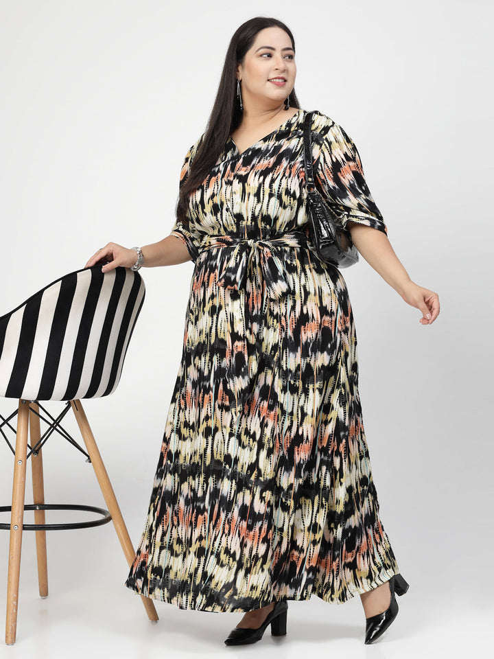 Plus Size Round Neck Puff Sleeves Print Maxi  Dress