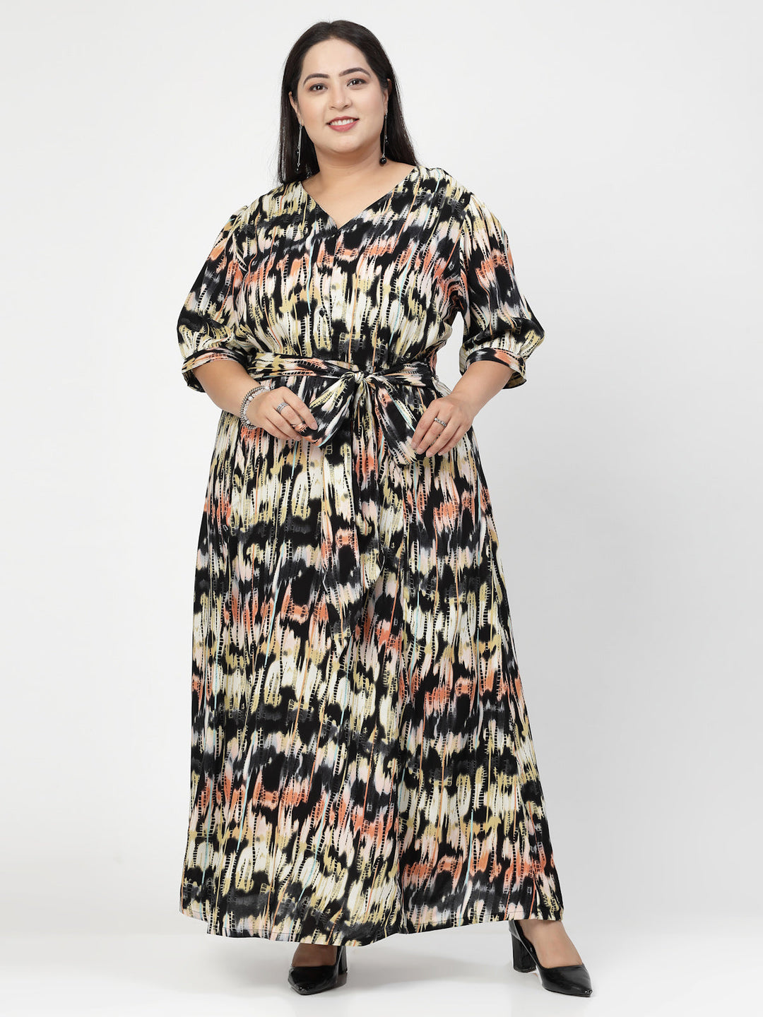 Plus Size Round Neck Puff Sleeves Print Maxi  Dress
