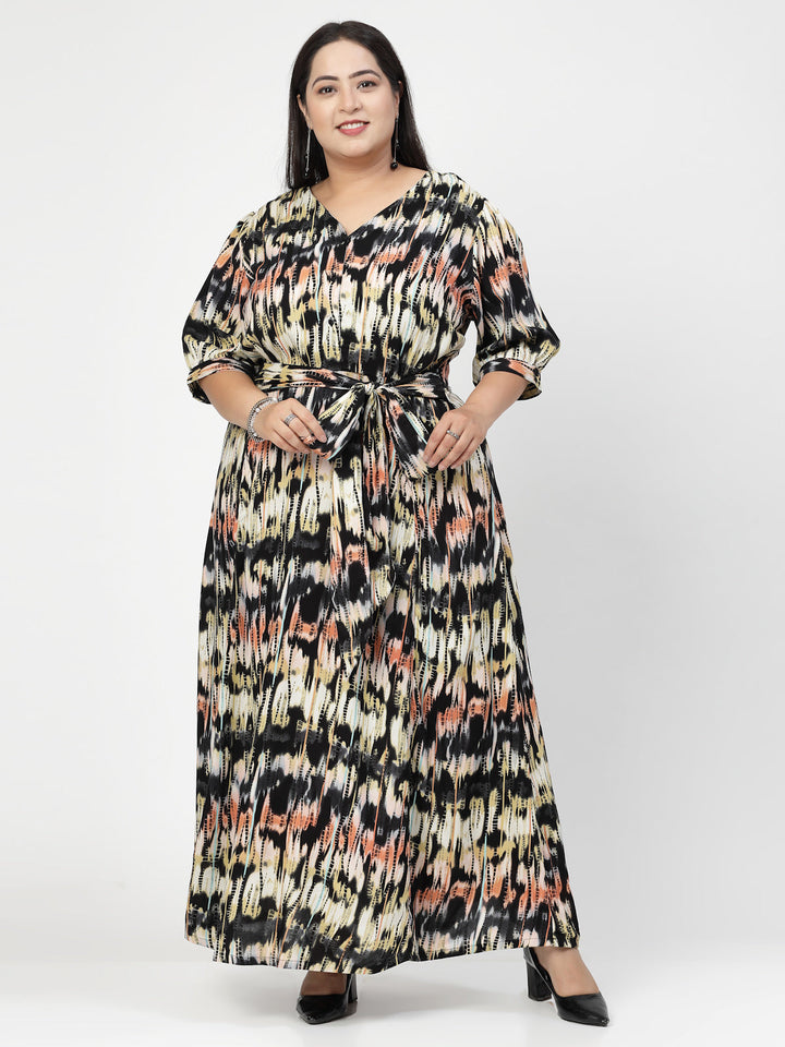 Plus Size Round Neck Puff Sleeves Print Maxi  Dress