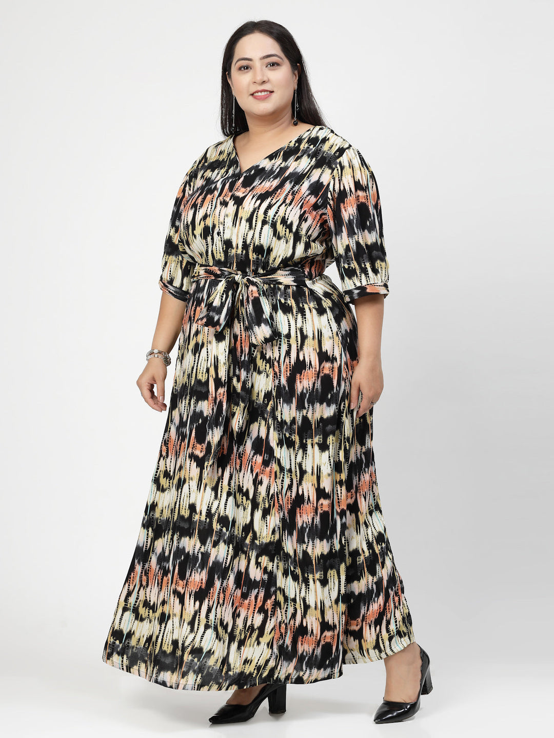 Plus Size Round Neck Puff Sleeves Print Maxi  Dress