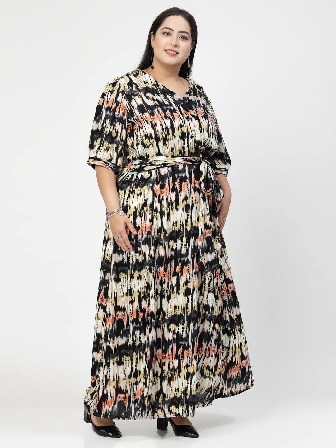 Plus Size Round Neck Puff Sleeves Print Maxi  Dress