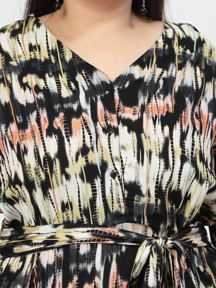 Plus Size Round Neck Puff Sleeves Print Maxi  Dress