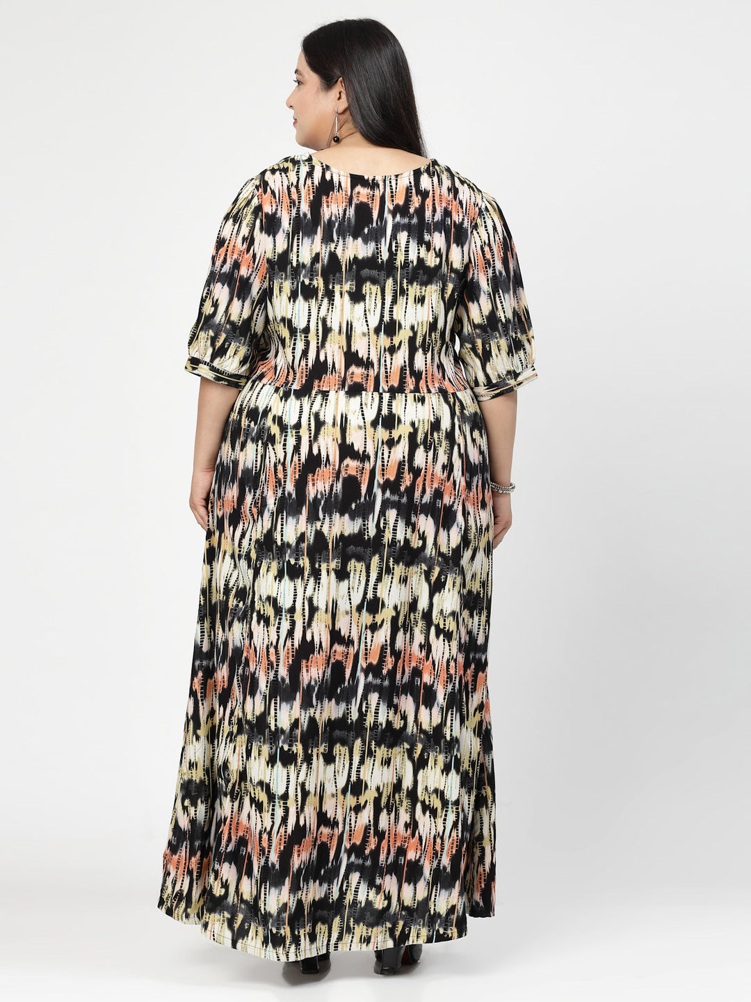 Plus Size Round Neck Puff Sleeves Print Maxi  Dress
