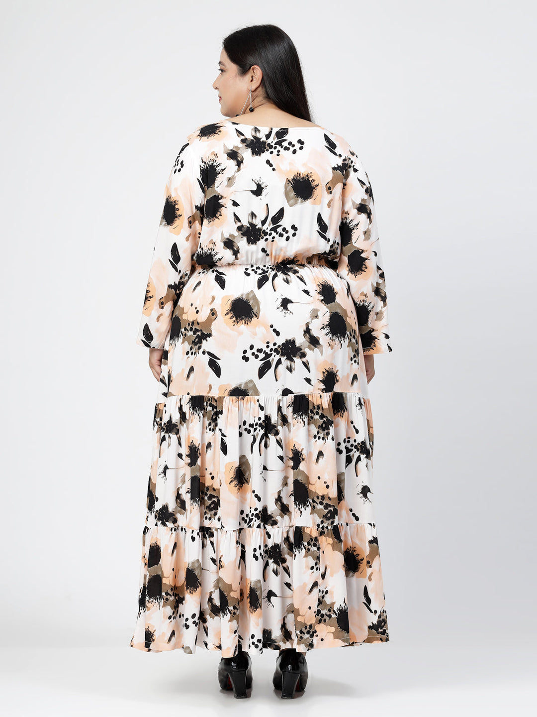 Plus Size Round Neck Long Puff Sleeves Floral Print Maxi  Dress
