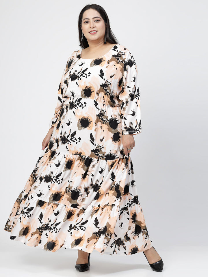 Plus Size Round Neck Long Puff Sleeves Floral Print Maxi  Dress