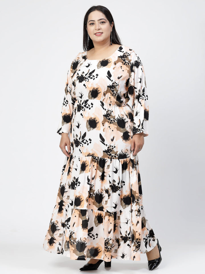 Plus Size Round Neck Long Puff Sleeves Floral Print Maxi  Dress