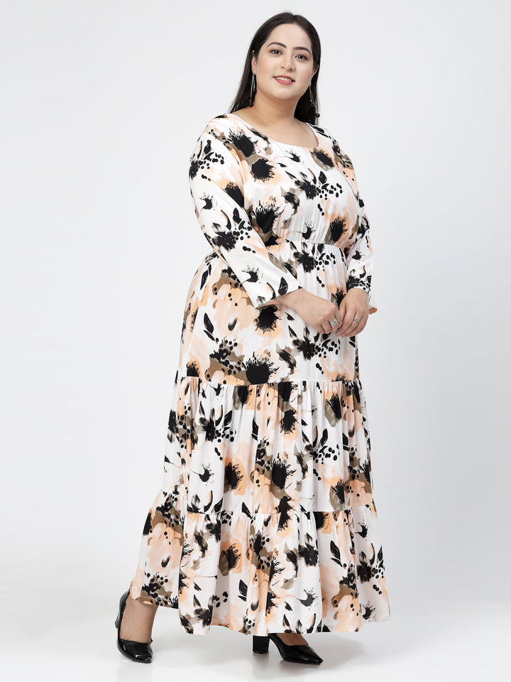Plus Size Round Neck Long Puff Sleeves Floral Print Maxi  Dress
