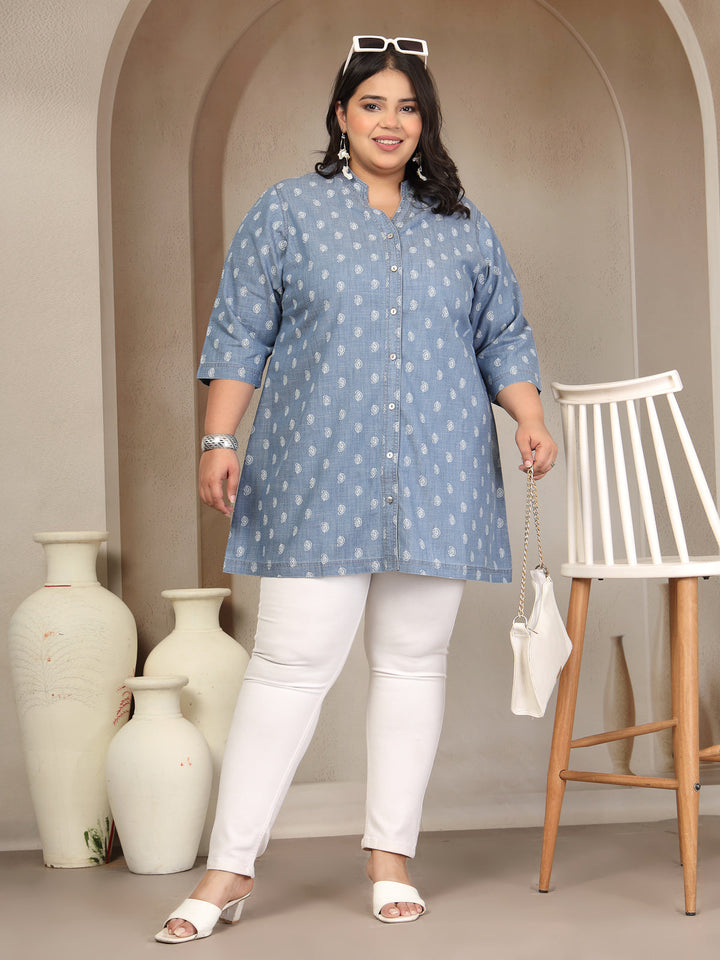 Plus Size Mandarin Collar Denim Tunic