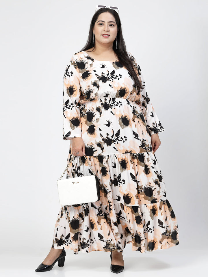 Plus Size Round Neck Long Puff Sleeves Floral Print Maxi  Dress