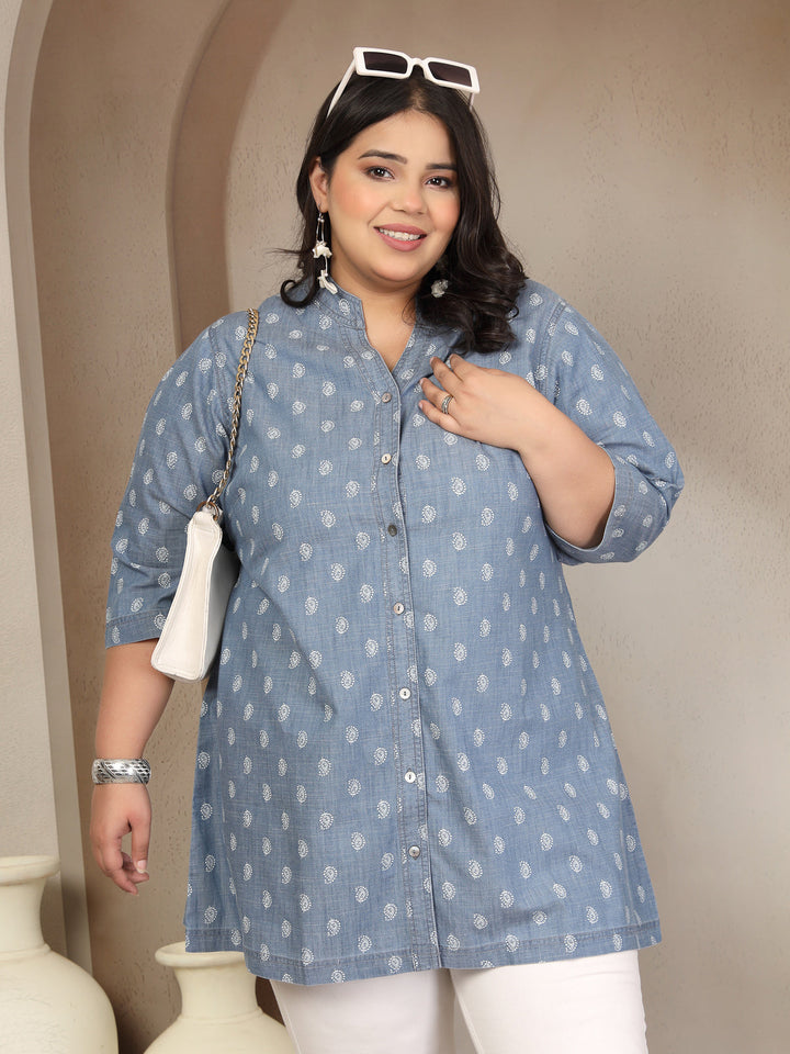 Plus Size Mandarin Collar Denim Tunic
