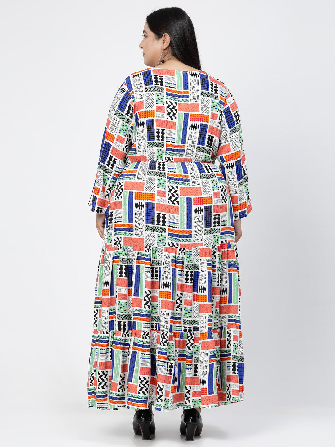 Plus Size Round Neck Long Sleeves Geometric Print Maxi  Dress