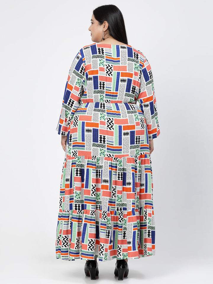 Plus Size Round Neck Long Sleeves Geometric Print Maxi  Dress