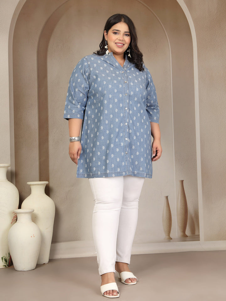Plus Size Mandarin Collar Denim Tunic