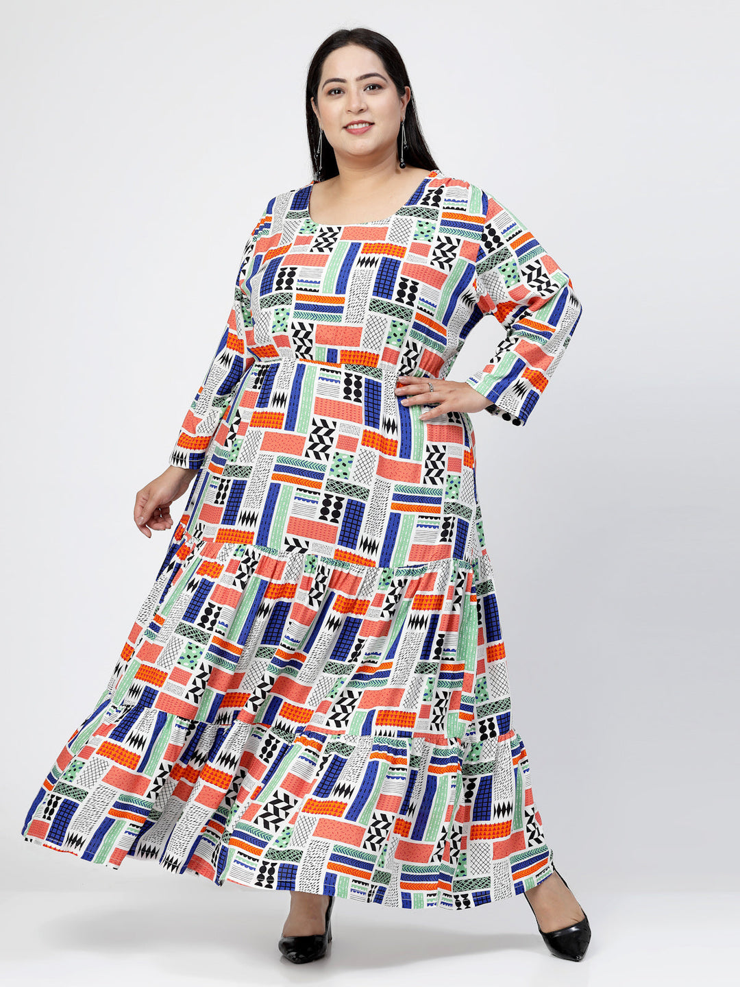 Plus Size Round Neck Long Sleeves Geometric Print Maxi  Dress