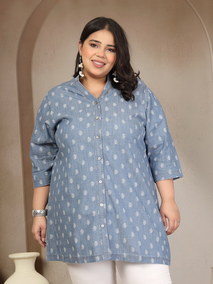 Plus Size Mandarin Collar Denim Tunic