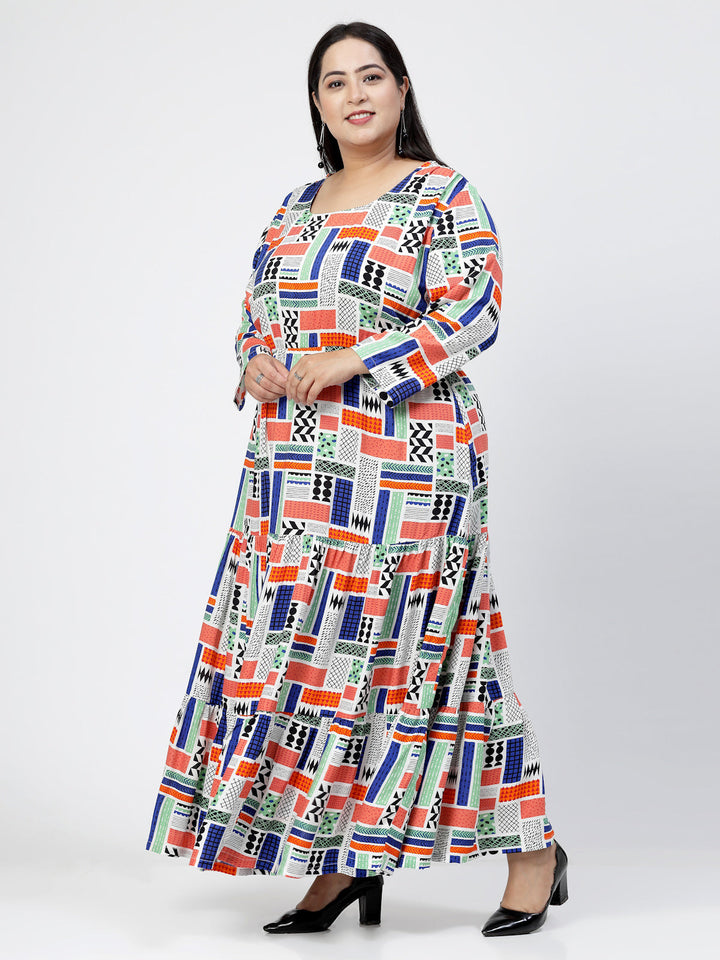 Plus Size Round Neck Long Sleeves Geometric Print Maxi  Dress