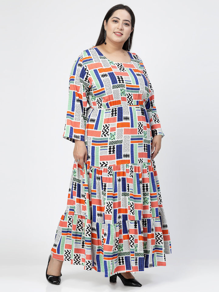 Plus Size Round Neck Long Sleeves Geometric Print Maxi  Dress