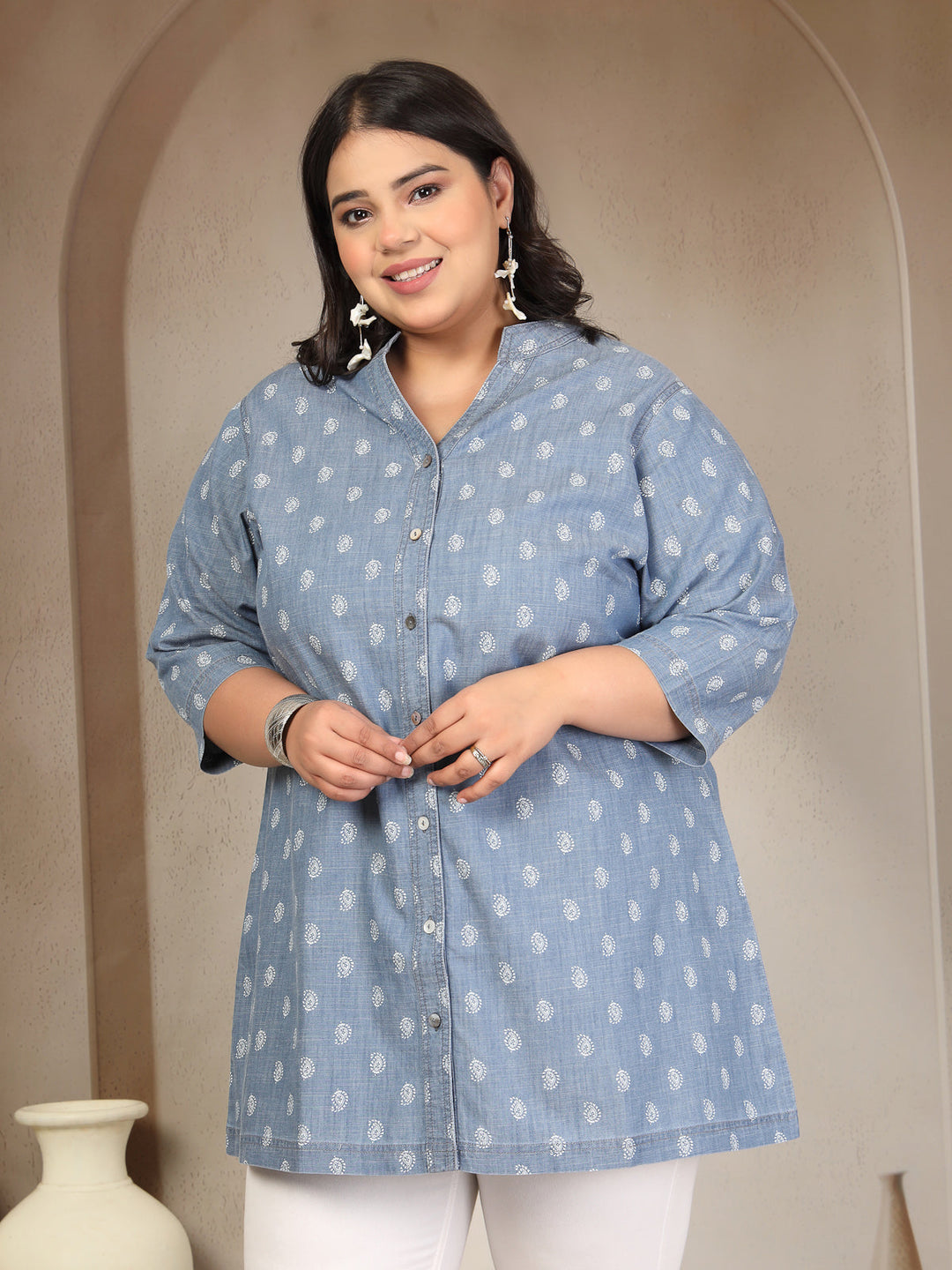 Plus Size Mandarin Collar Denim Tunic
