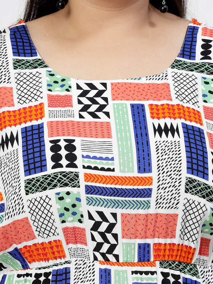 Plus Size Round Neck Long Sleeves Geometric Print Maxi  Dress