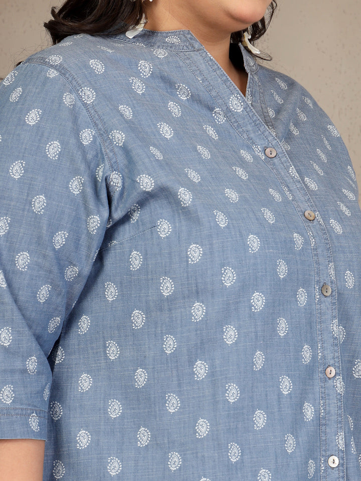Plus Size Mandarin Collar Denim Tunic