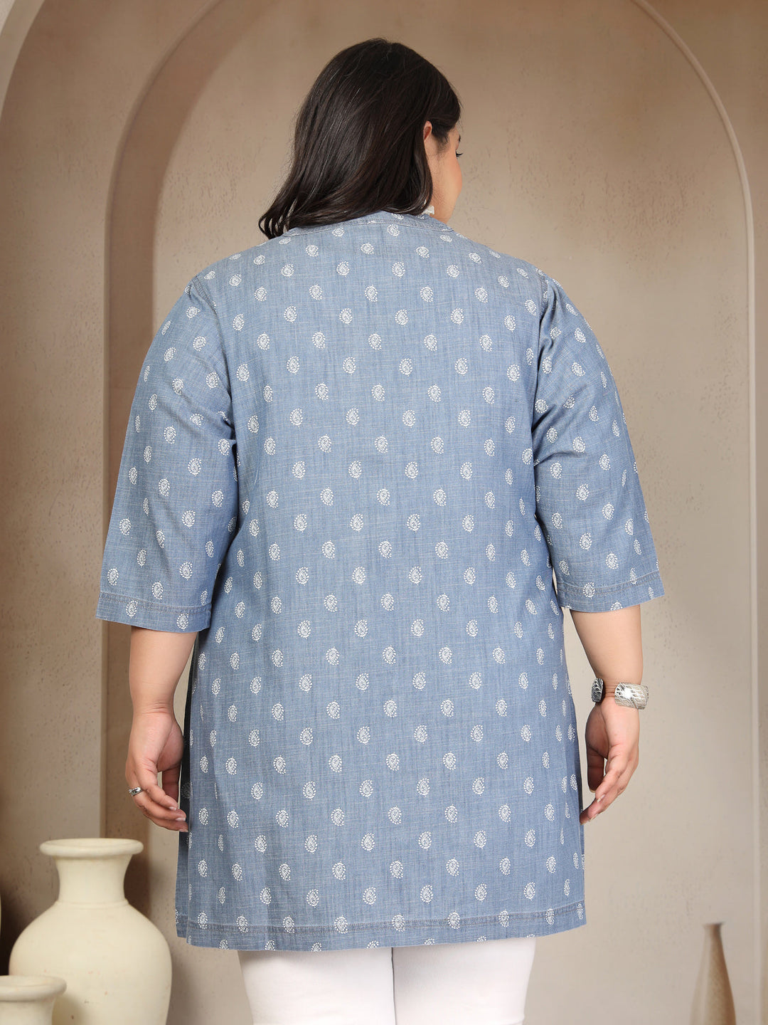 Plus Size Mandarin Collar Denim Tunic