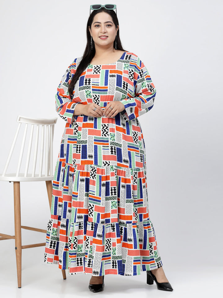 Plus Size Round Neck Long Sleeves Geometric Print Maxi  Dress