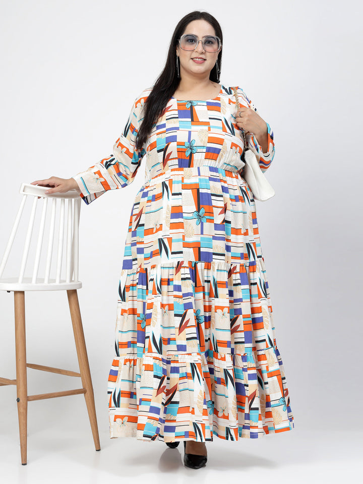 Plus Size Round Neck Long Sleeves Geometric Print Maxi  Dress
