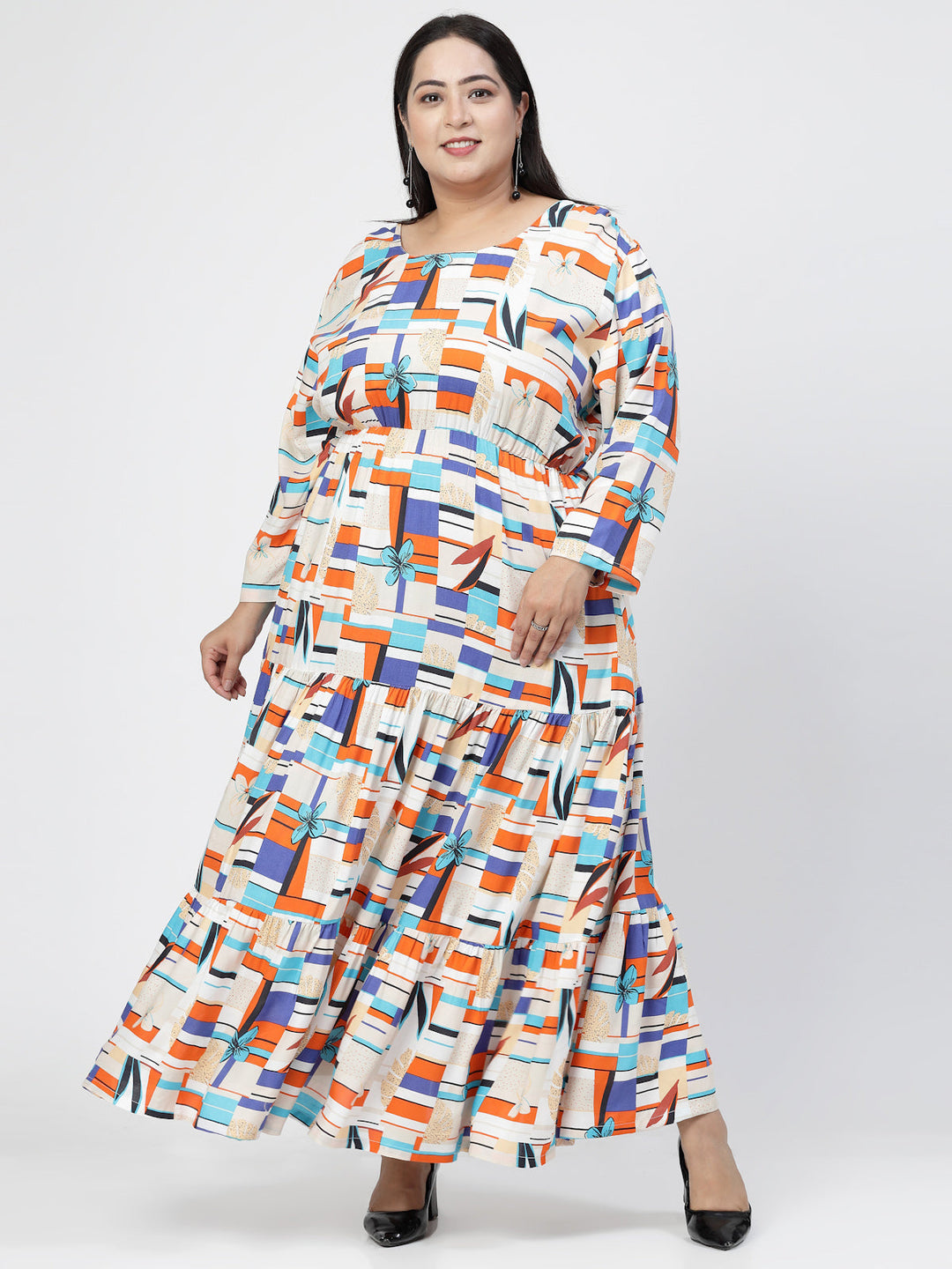 Plus Size Round Neck Long Sleeves Geometric Print Maxi  Dress