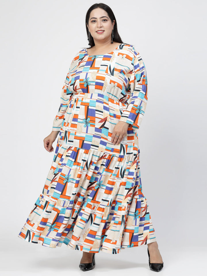 Plus Size Round Neck Long Sleeves Geometric Print Maxi  Dress
