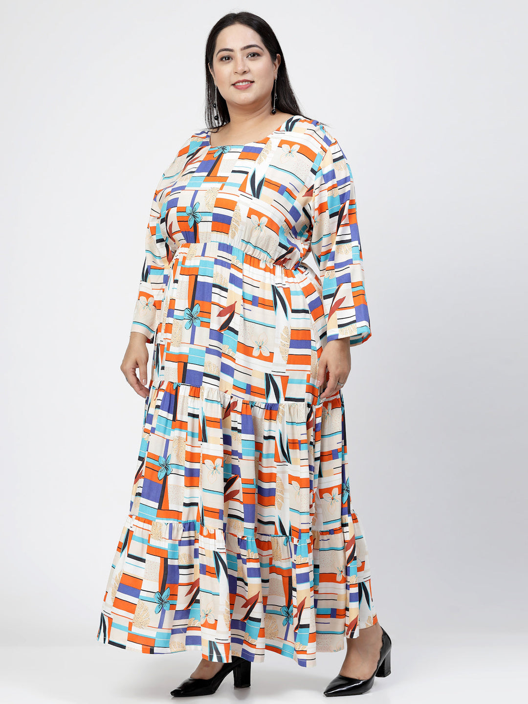 Plus Size Round Neck Long Sleeves Geometric Print Maxi  Dress
