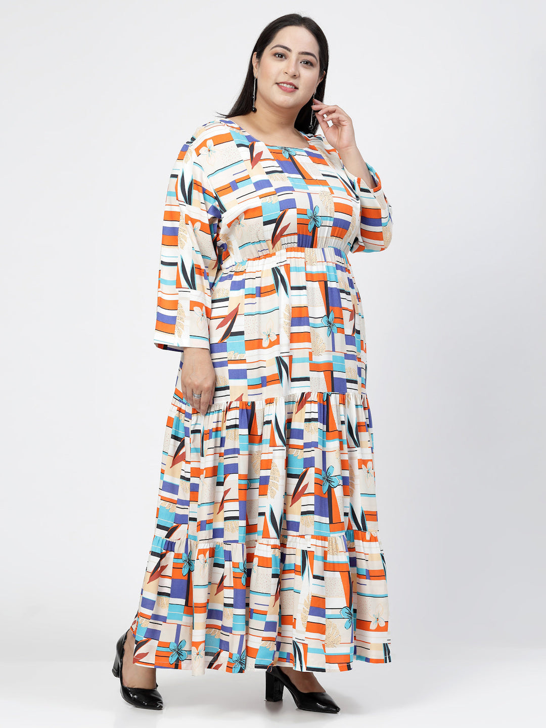 Plus Size Round Neck Long Sleeves Geometric Print Maxi  Dress
