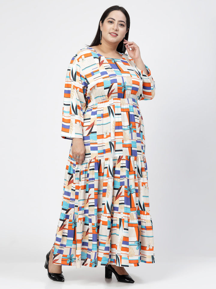 Plus Size Round Neck Long Sleeves Geometric Print Maxi  Dress