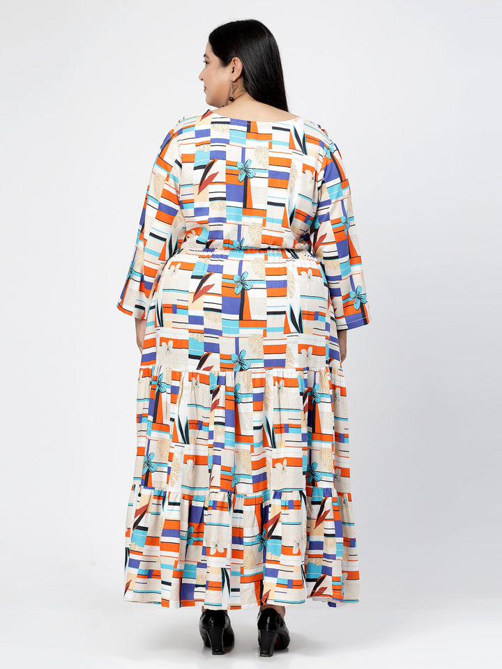 Plus Size Round Neck Long Sleeves Geometric Print Maxi  Dress