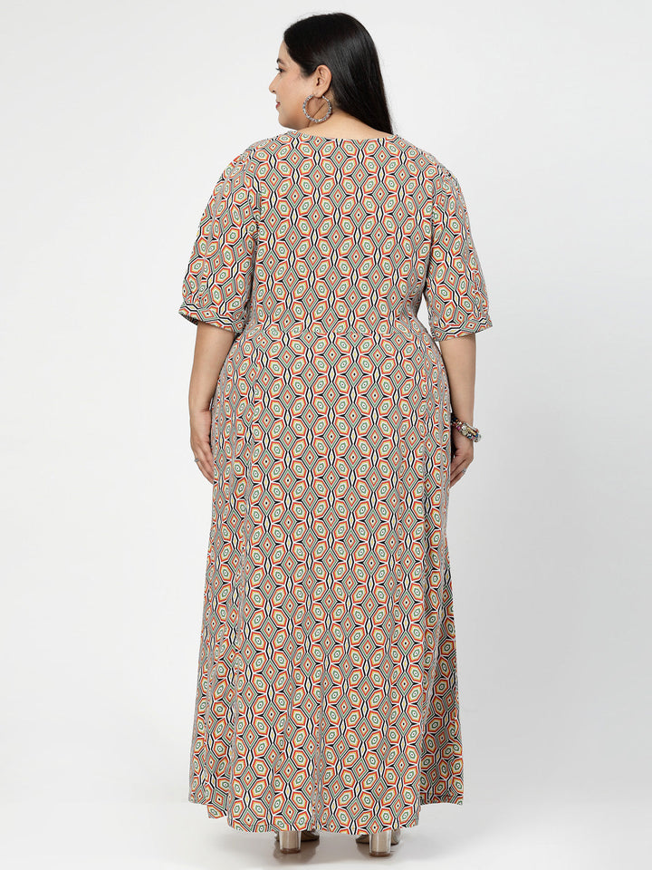 Plus Size V Neck Puff Sleeves Floral Print Maxi  Dress