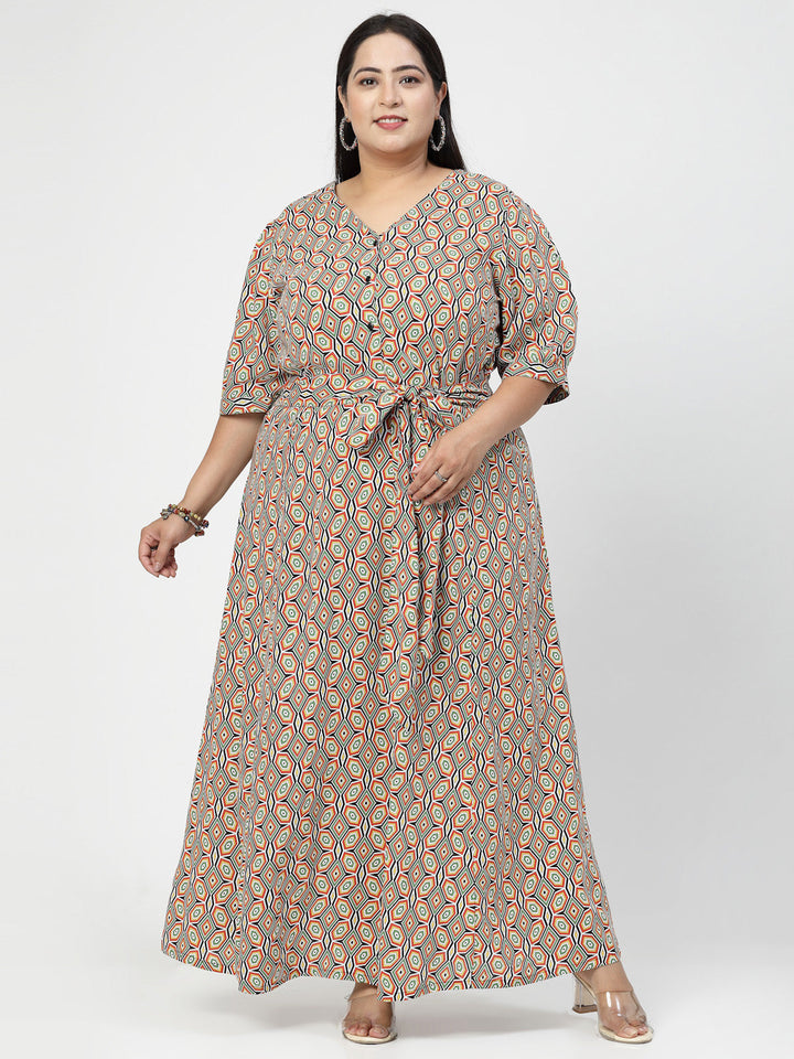 Plus Size V Neck Puff Sleeves Floral Print Maxi  Dress