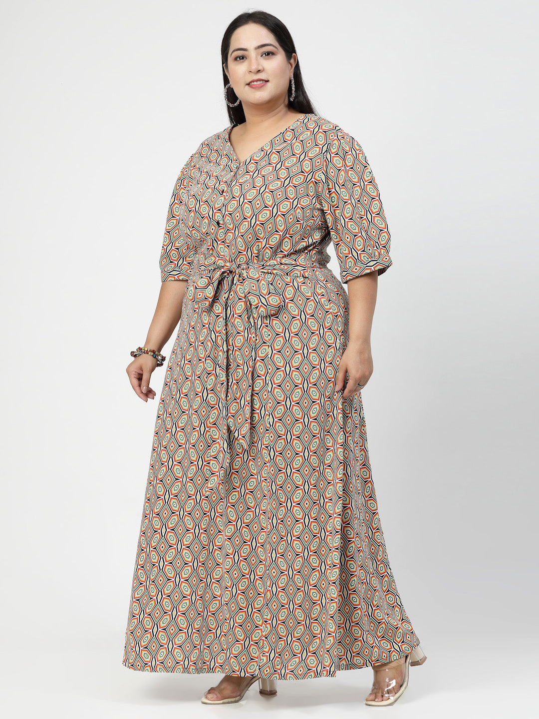 Plus Size V Neck Puff Sleeves Floral Print Maxi  Dress