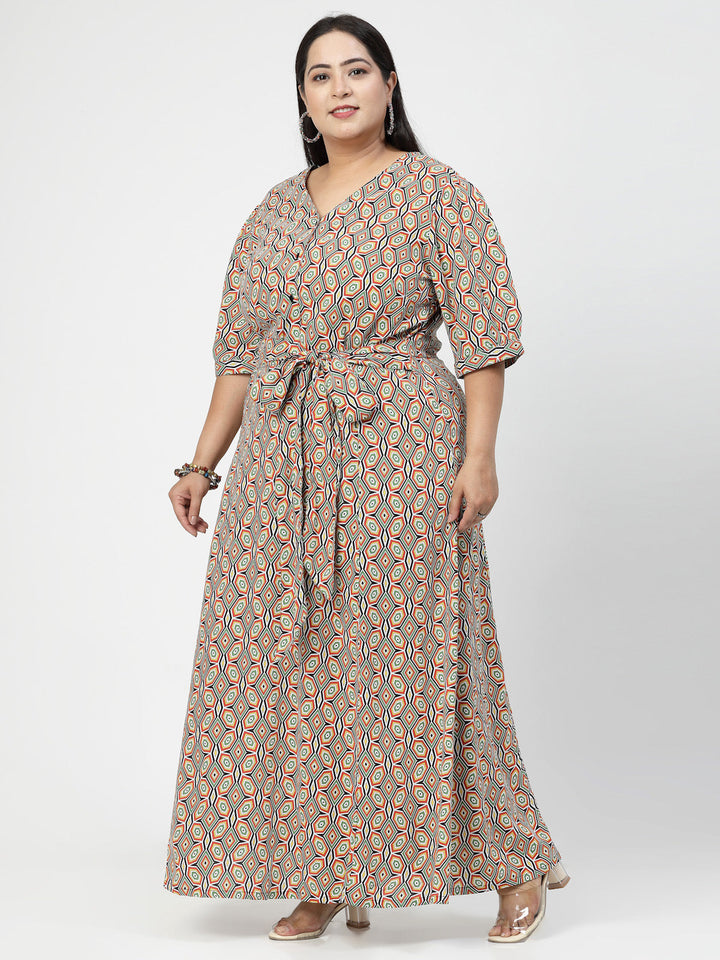 Plus Size V Neck Puff Sleeves Floral Print Maxi  Dress