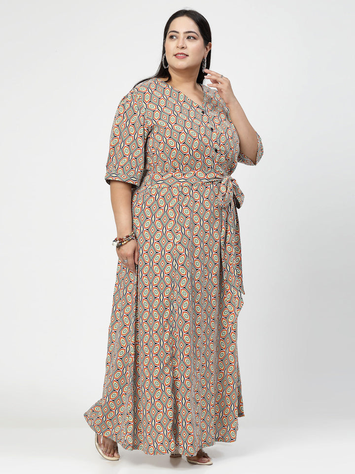 Plus Size V Neck Puff Sleeves Floral Print Maxi  Dress