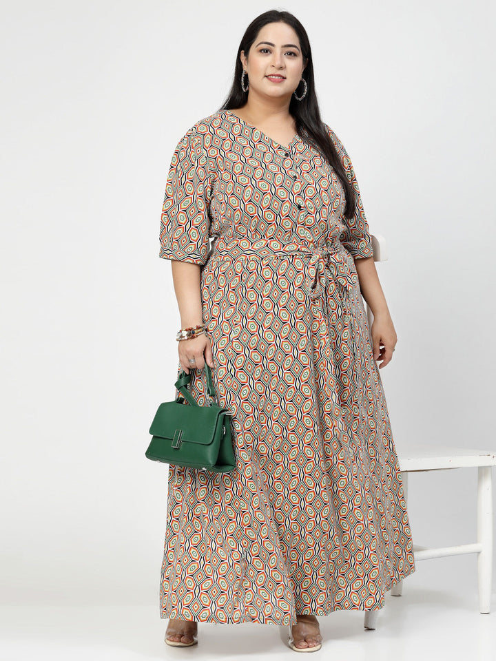 Plus Size V Neck Puff Sleeves Floral Print Maxi  Dress
