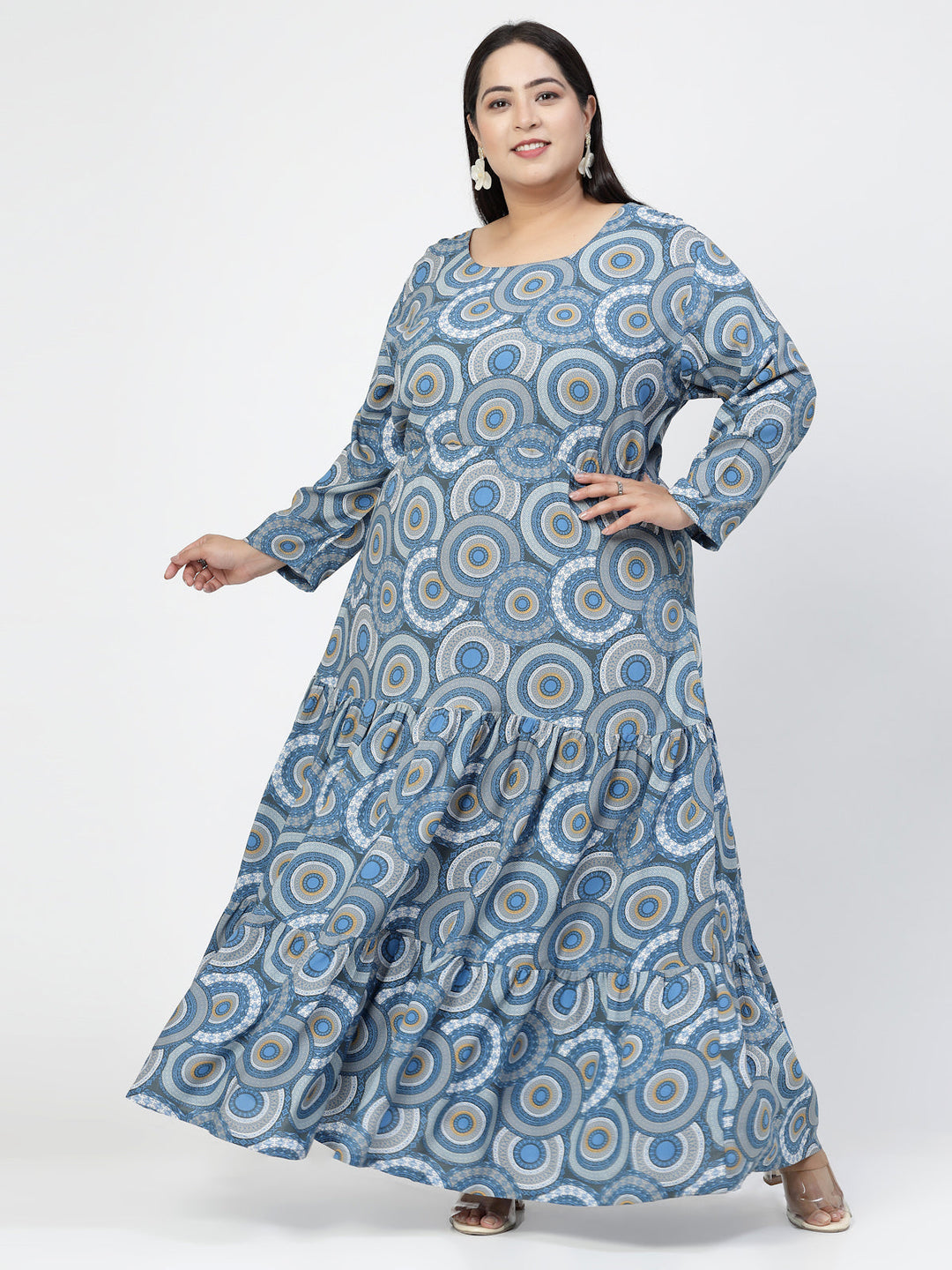 Plus Size Ethnic Motifs Printed Round Neck Maxi Dress