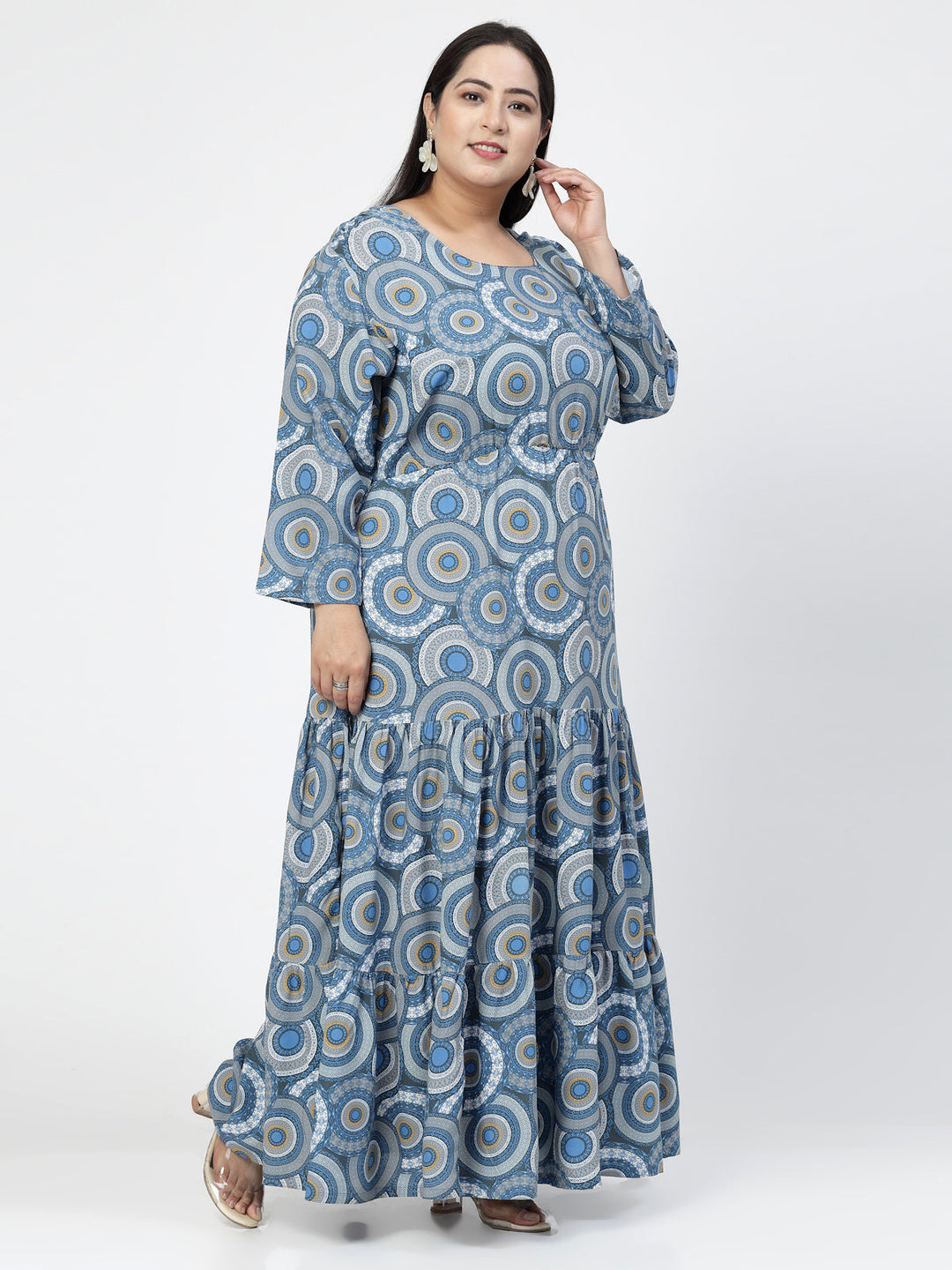 Plus Size Ethnic Motifs Printed Round Neck Maxi Dress