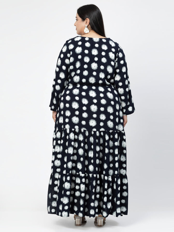 Plus Size  Navy Blue Geometric Print Maxi Dress